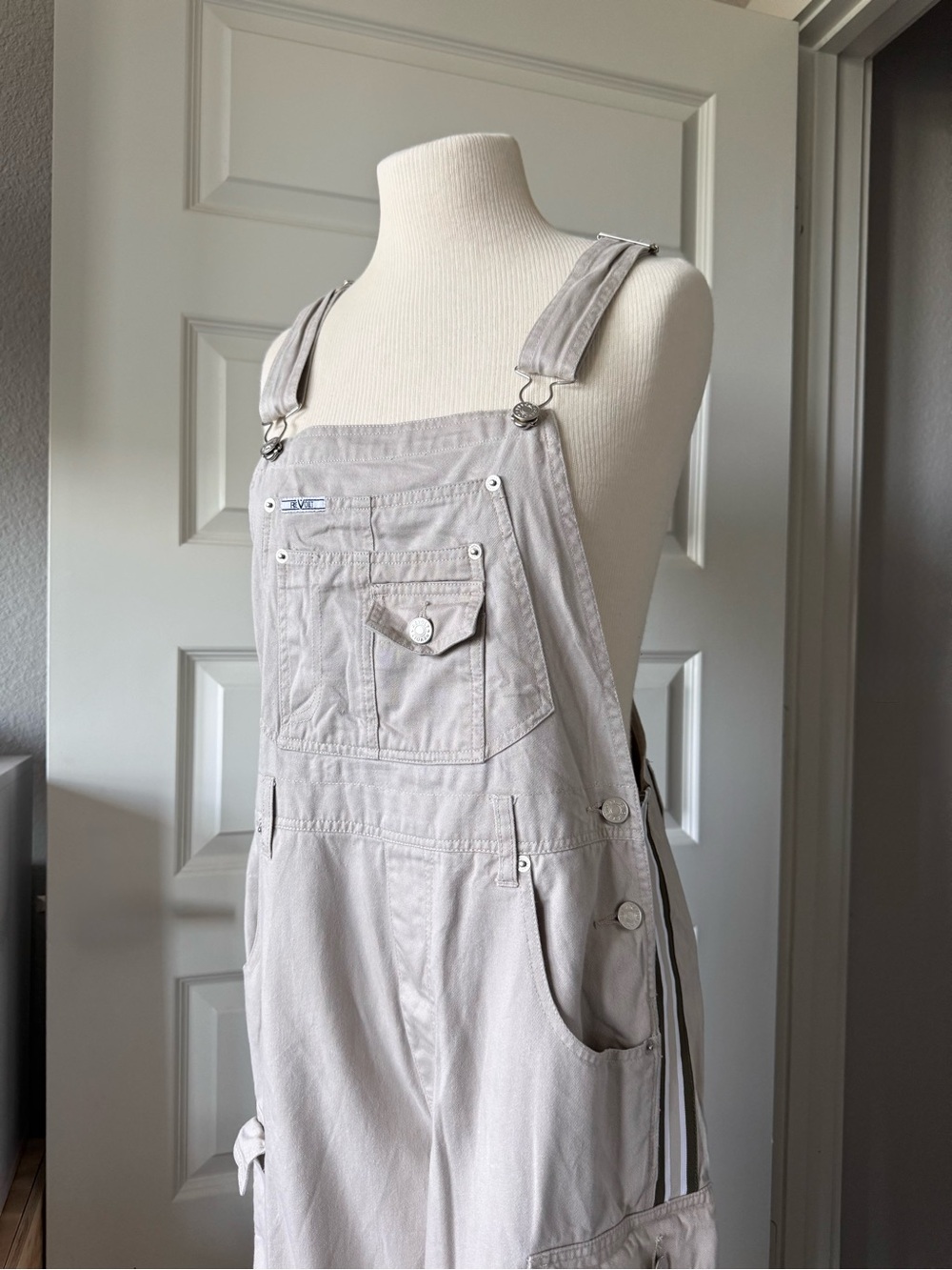 Vintage Y2K ReVolt Utility Cargo Overalls Beige Khaki Striped Wide Leg